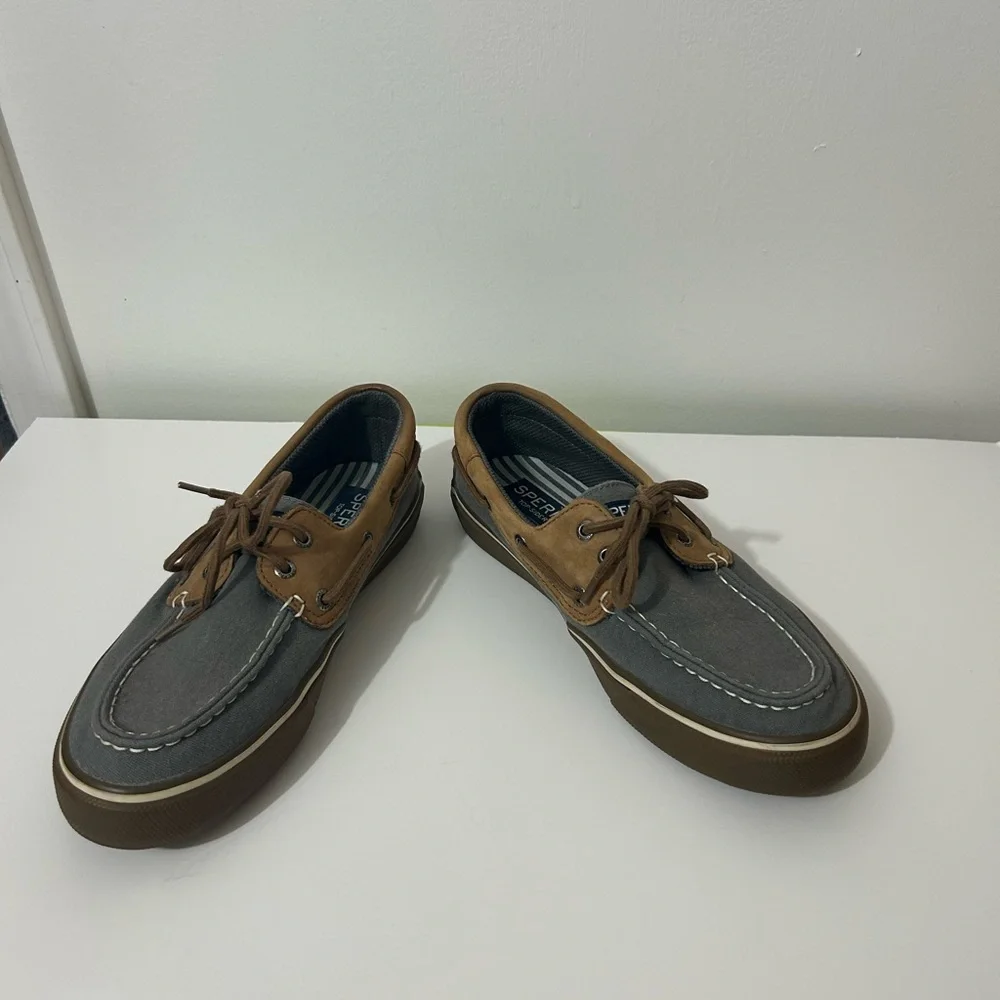 SPERRY TOPSIDER BOAT SHOES MENS SIZE 9 M BROWN LEATHER & GRAY CANVAS 2 EYELET